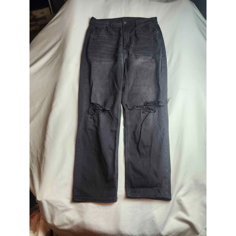 American Eagle Mom Straight Jeans Womens Size 12 Black Denim Distressed Pockets